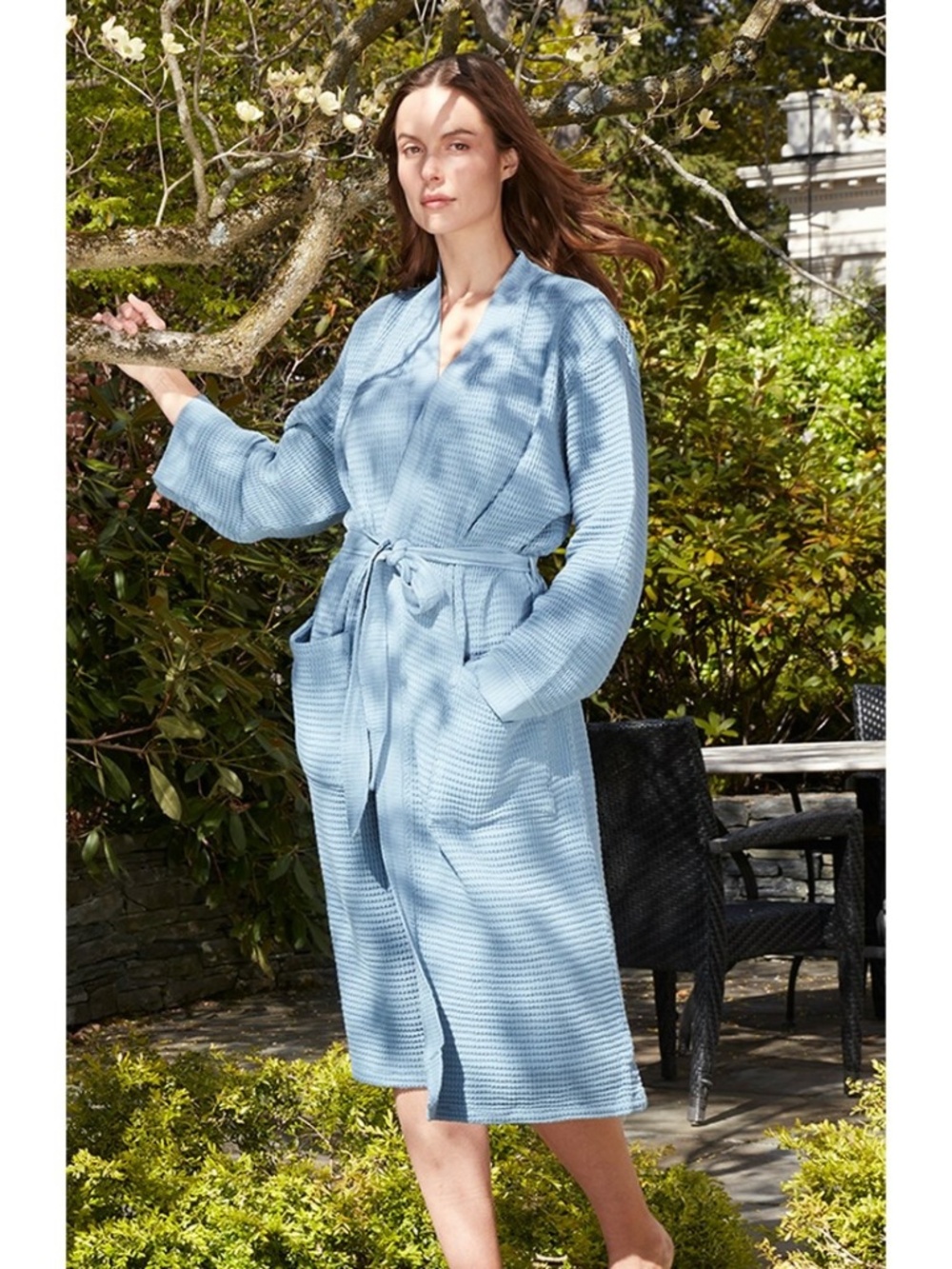 Matouk Kiran Turkish Waffle Knit Cotton Bamboo Robe Sea Blue L/XL